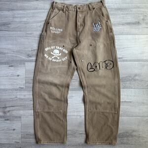 Rolling Loud Double Knee Jeans Pants Men 32x29 Canvas Carpenter $145 (RIPPED)